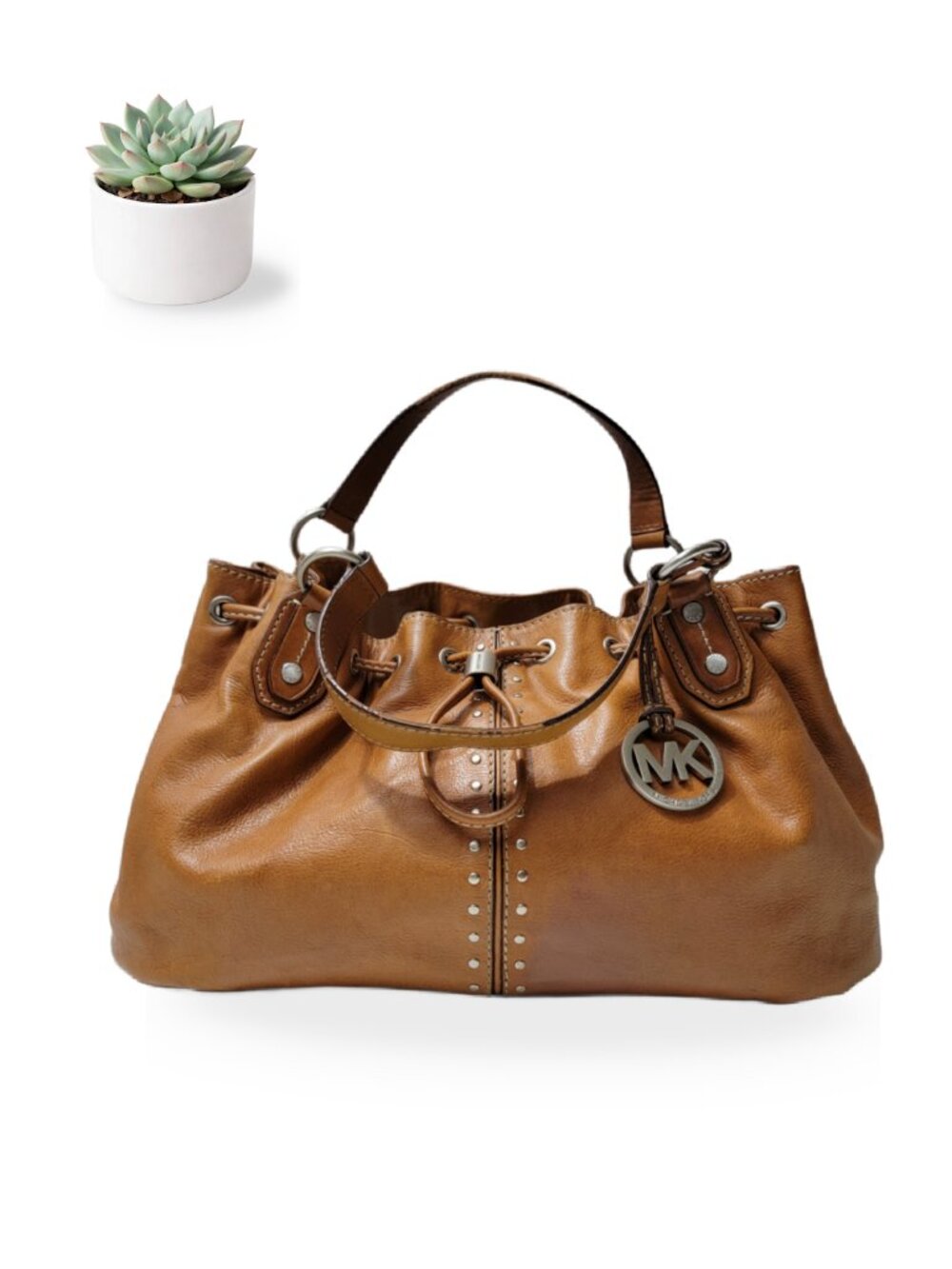Michael Kors Astor Vintage Y2K Studded Leather Drawstring Shoulder Bag Brown